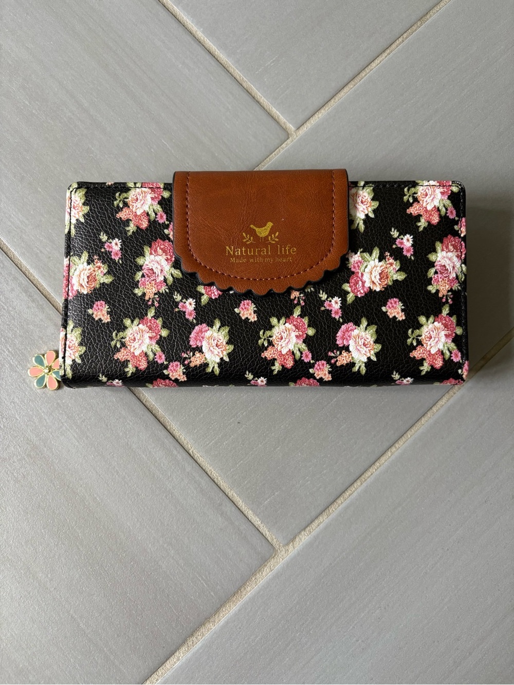 NATURAL LIFE Black Floral Wallet with Brown Flap and Pink Roses